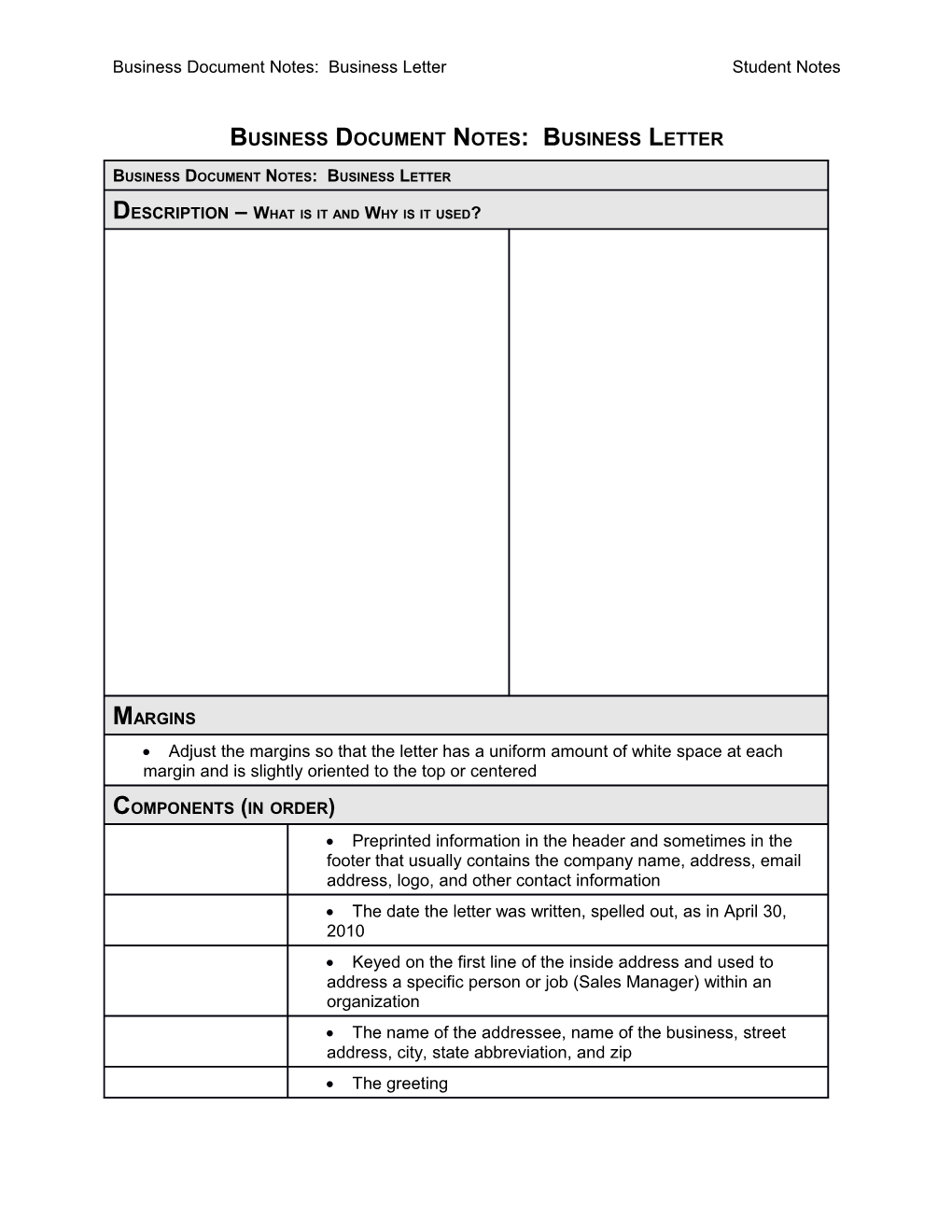 Business Document Notes: Business Letter Student Notes