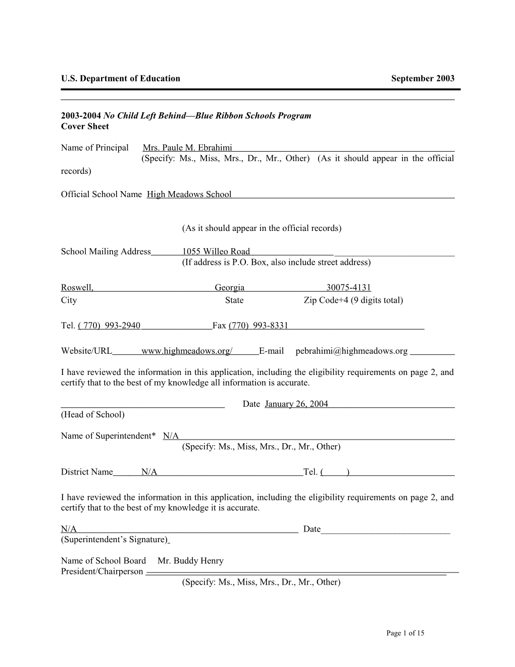 High Meadows School 2004 No Child Left Behind-Blue Ribbon School Application (Msword)