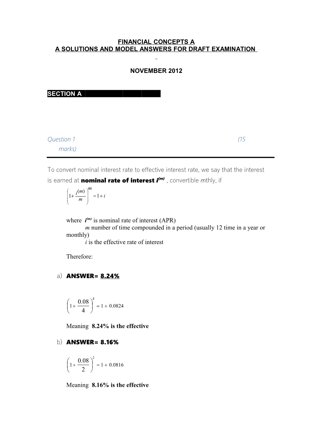 A Solutions and Model Answers for Draft Examination