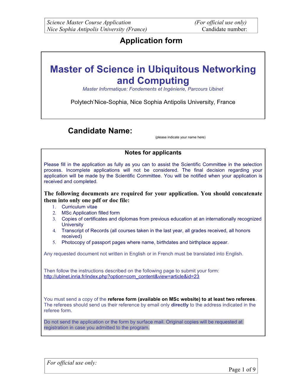 Science Master Course Application (For Official Use Only)