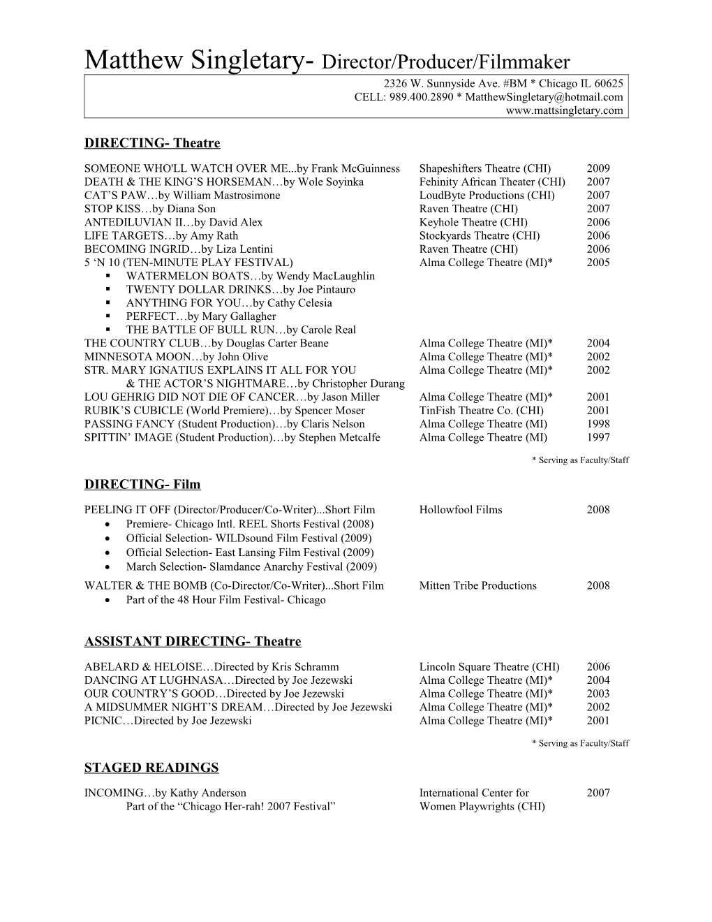 Resume of Matthew Singletary- Page 1