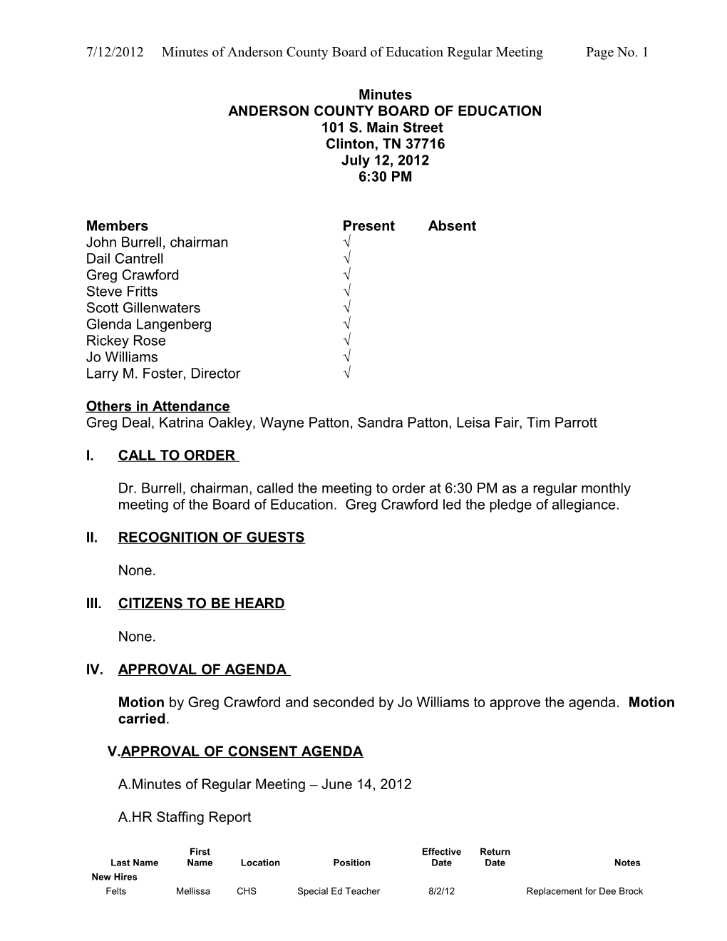 7/12/2012 Minutes of Anderson County Board of Education Regular Meeting Page No. 1
