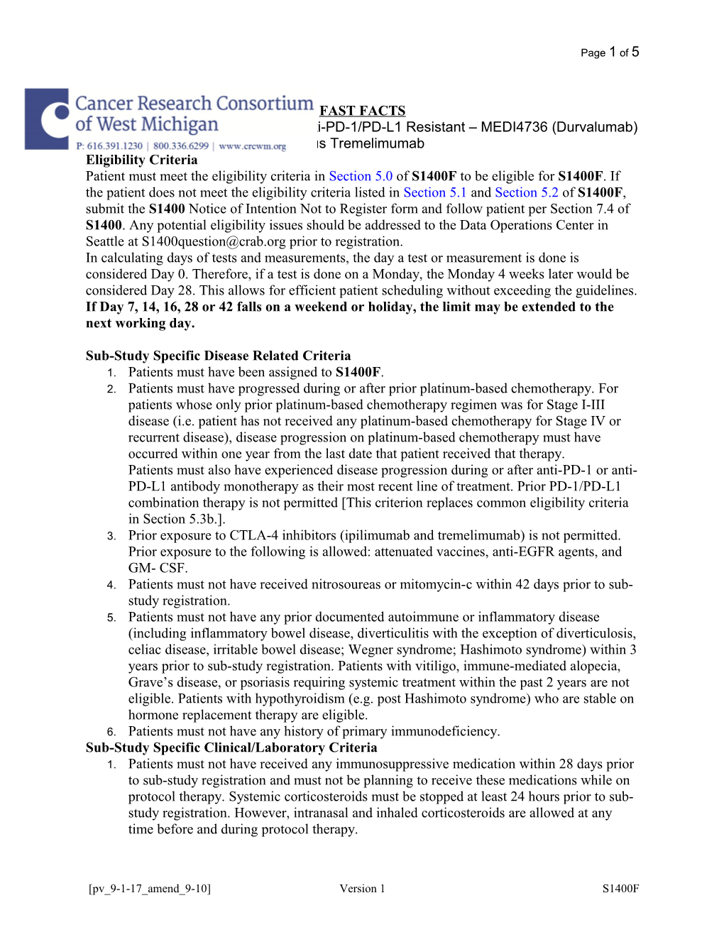 S1400F: (Non-Match Sub-Study): Anti-PD-1/PD-L1 Resistant MEDI4736 (Durvalumab) Plus Tremelimumab