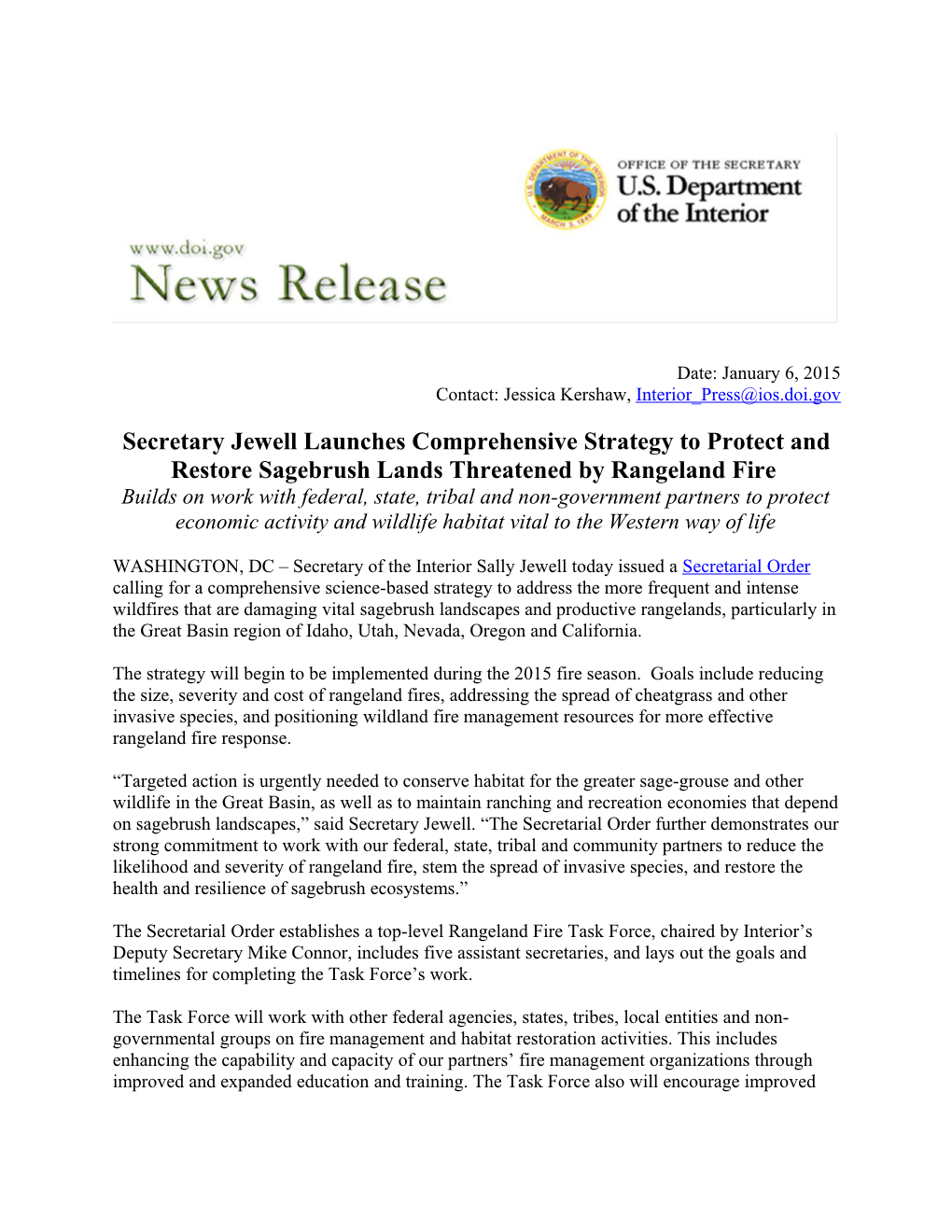 Secretary Jewell Launches Comprehensivestrategy to Protect and Restore Sagebrush Lands