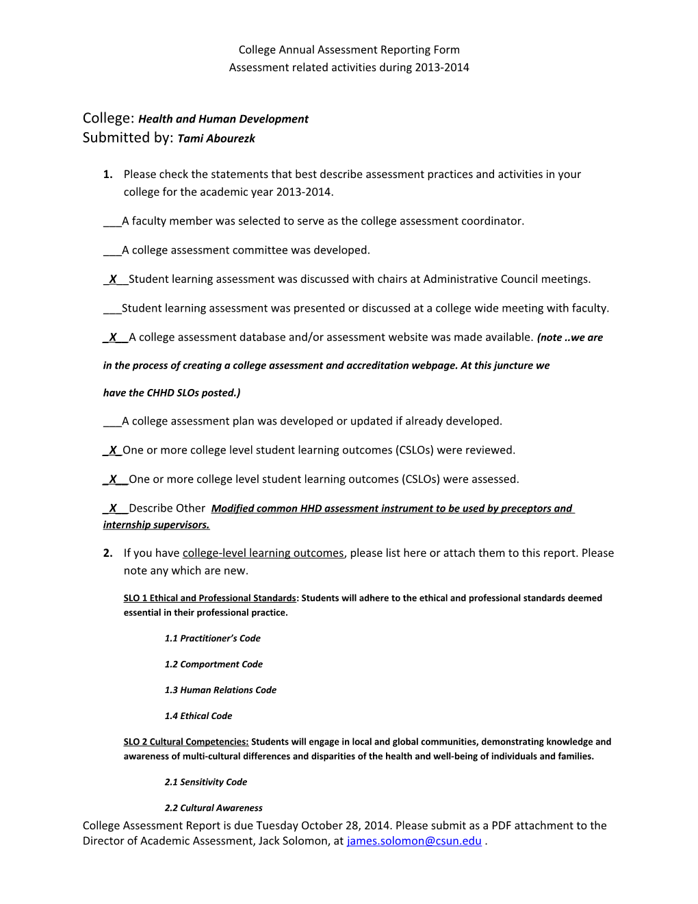 College Annual Assessment Reporting Form