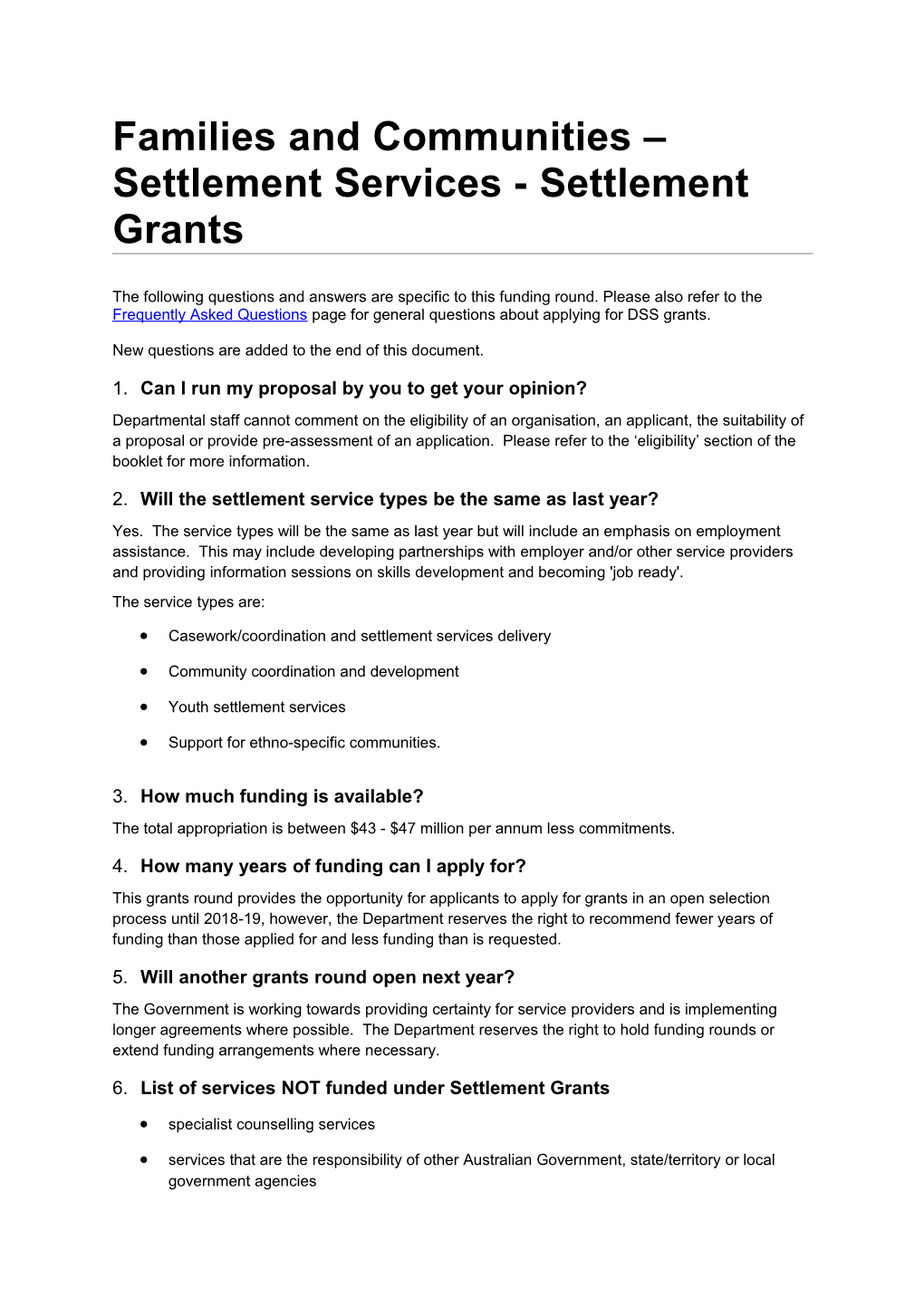 Families and Communities Settlement Services - Settlement Grants
