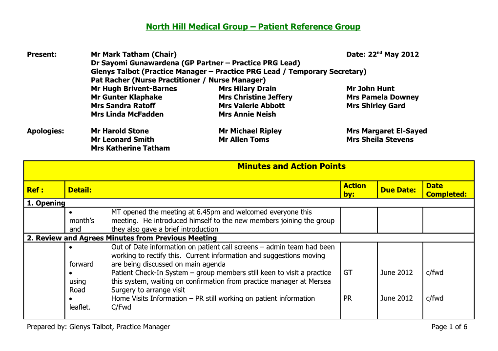North Hill Medical Group Patient Reference Group