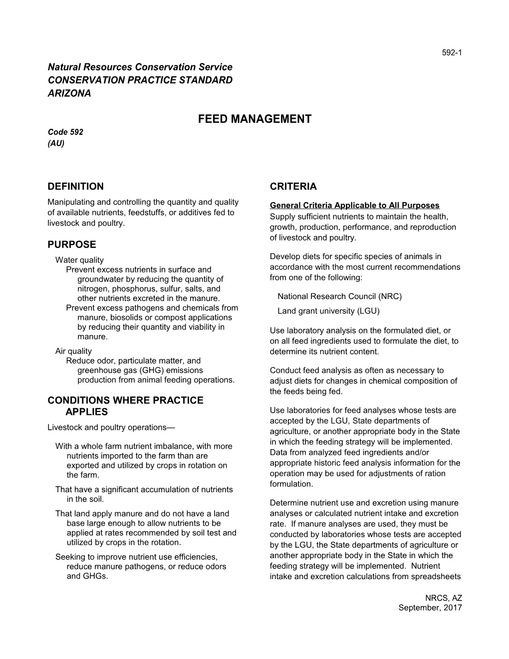 Conservation Practice Standard 592 Feed Management