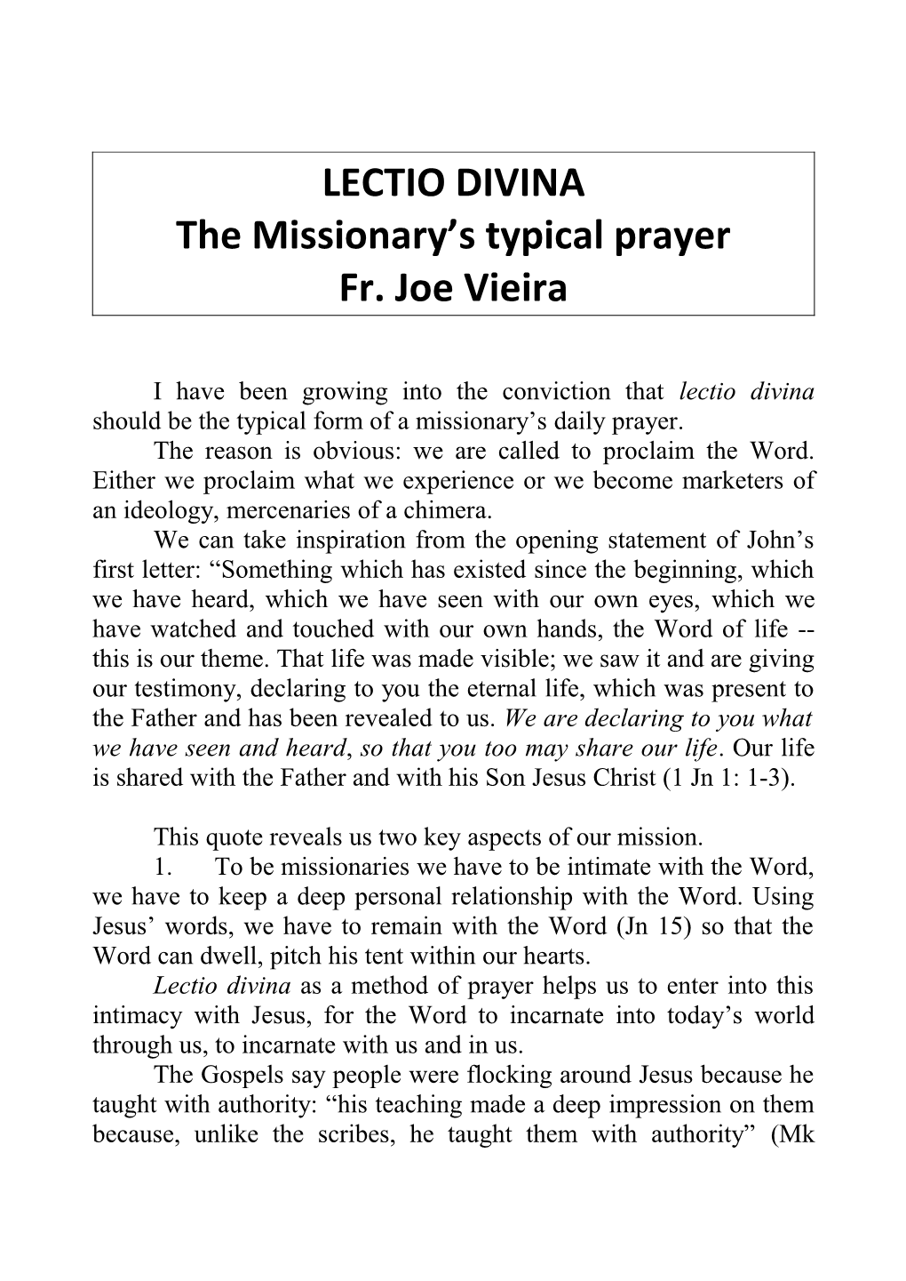 The Missionary S Typical Prayer