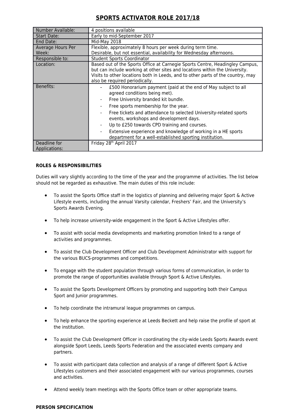 Sports Activator ROLE 2017/18