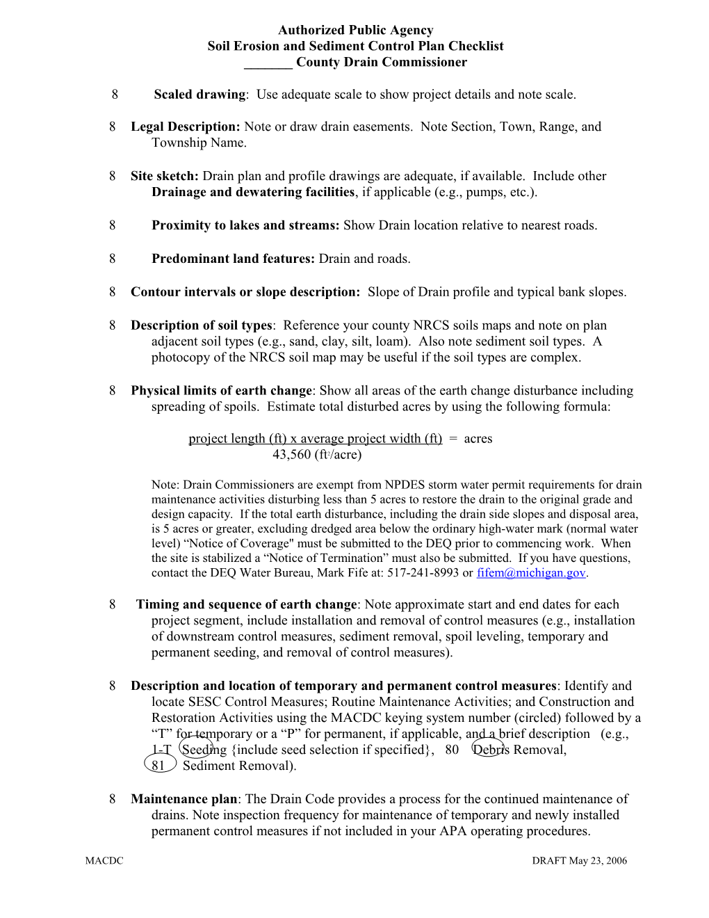 MACDC SESC Plan Checklist DRAFT 5-27-06