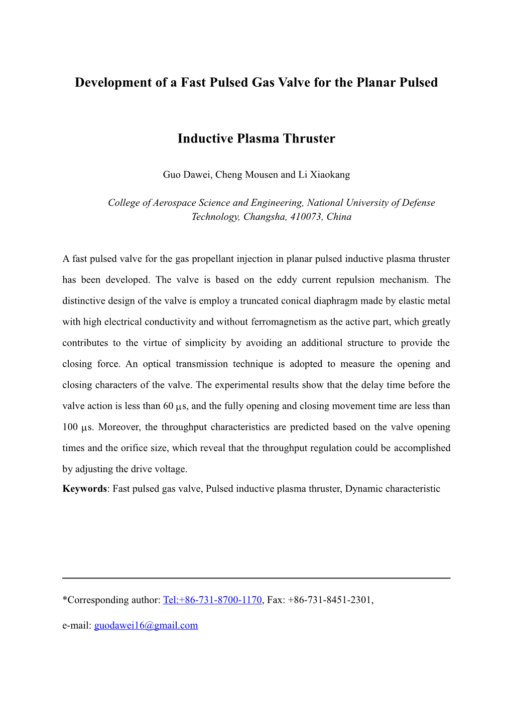 Development of a Fastpulsed Gas Valve for the Planarpulsed Inductive Plasma Thruster