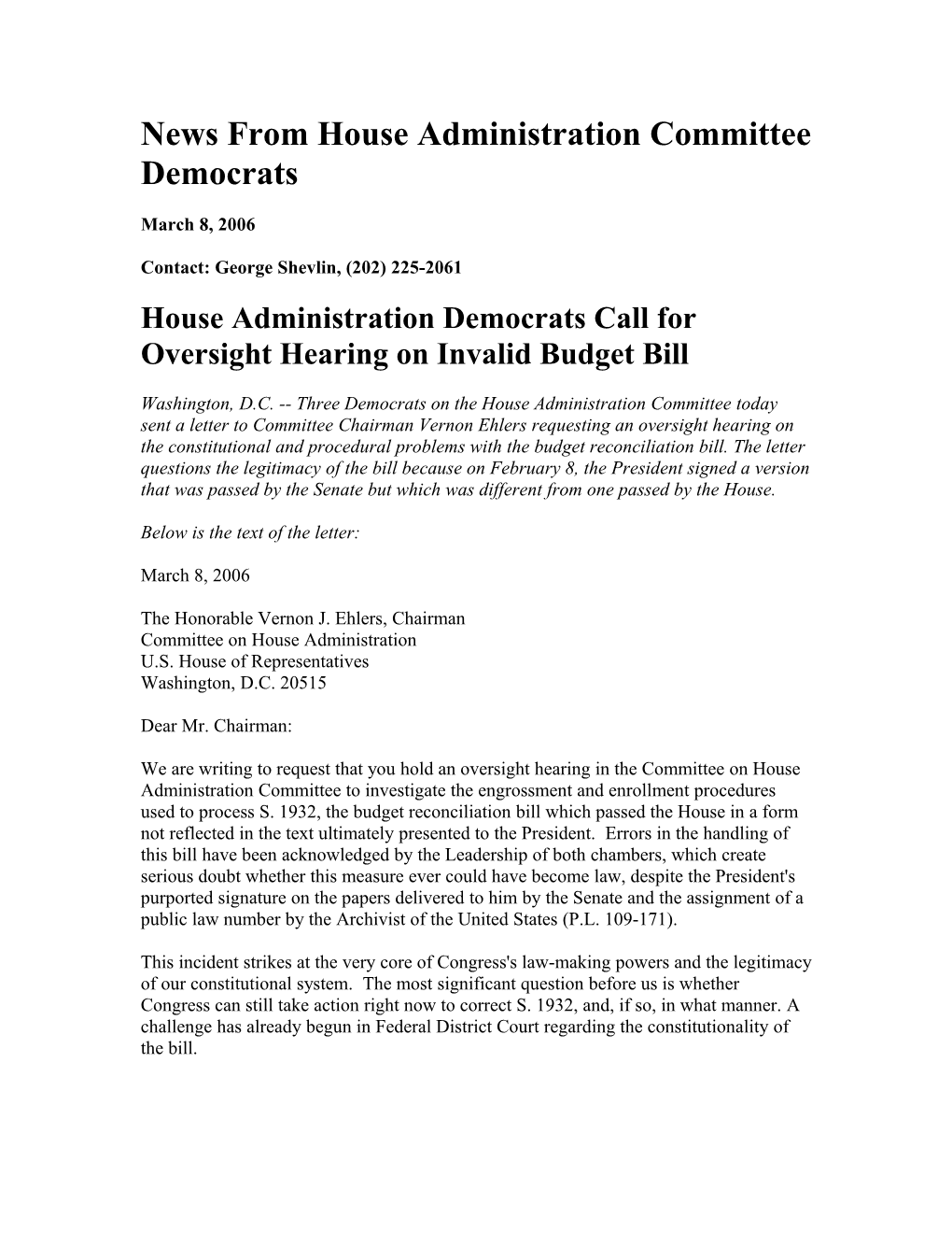 News from House Administration Committee Democrats