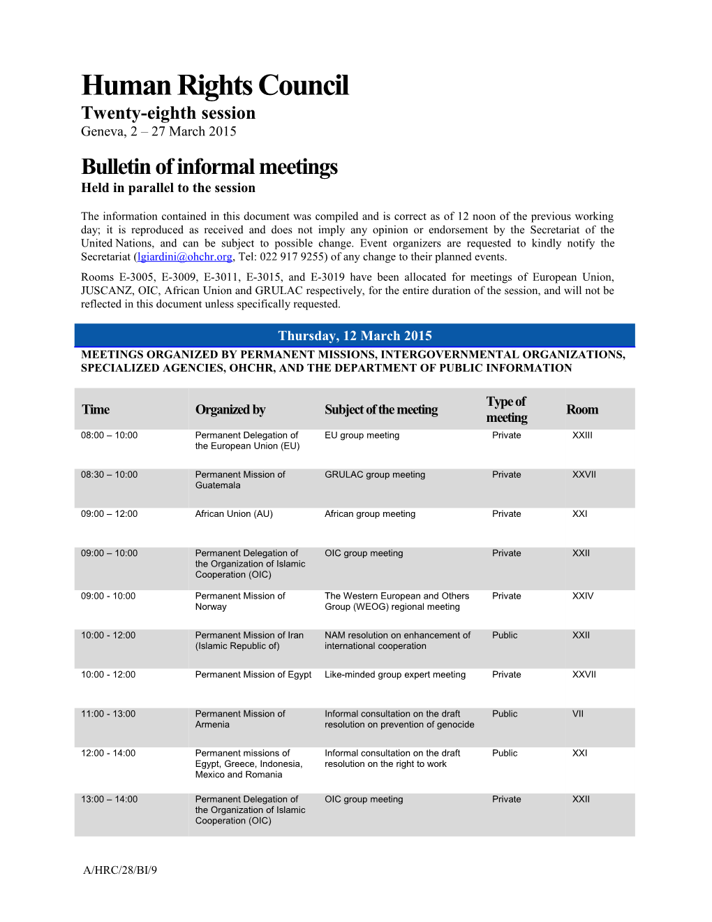 Bulletin of Informal Meetings, Thursday 12 March 2015