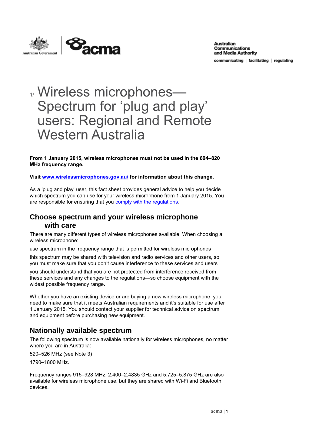 Wireless Microphones Spectrum for Plug and Play Users: Regional and Remote Western Australia