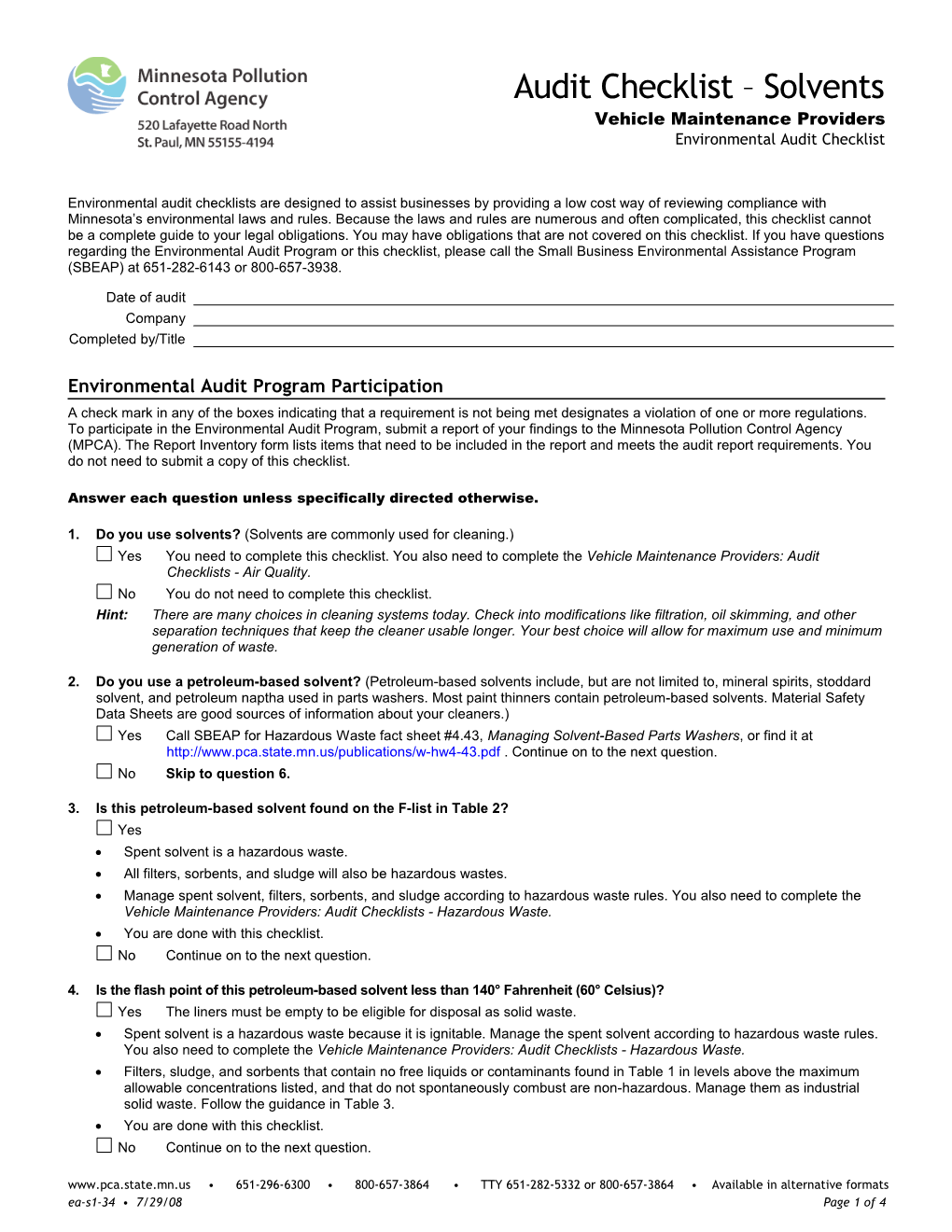 Audit Checklist - Solvents - Form