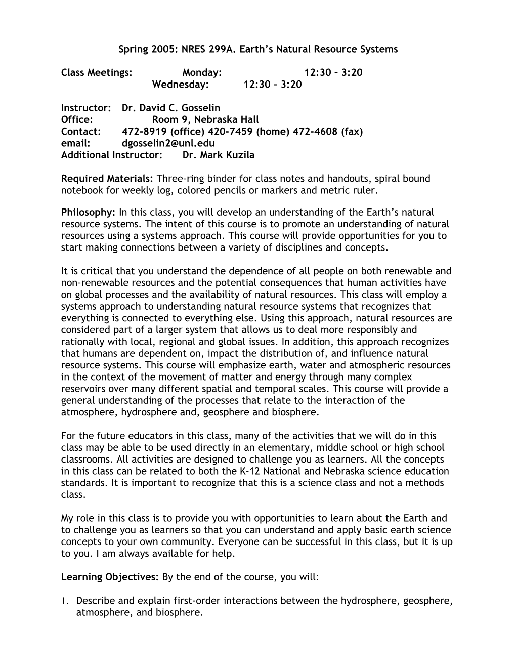 Spring 2005: NRES 299A. Earth S Natural Resource Systems