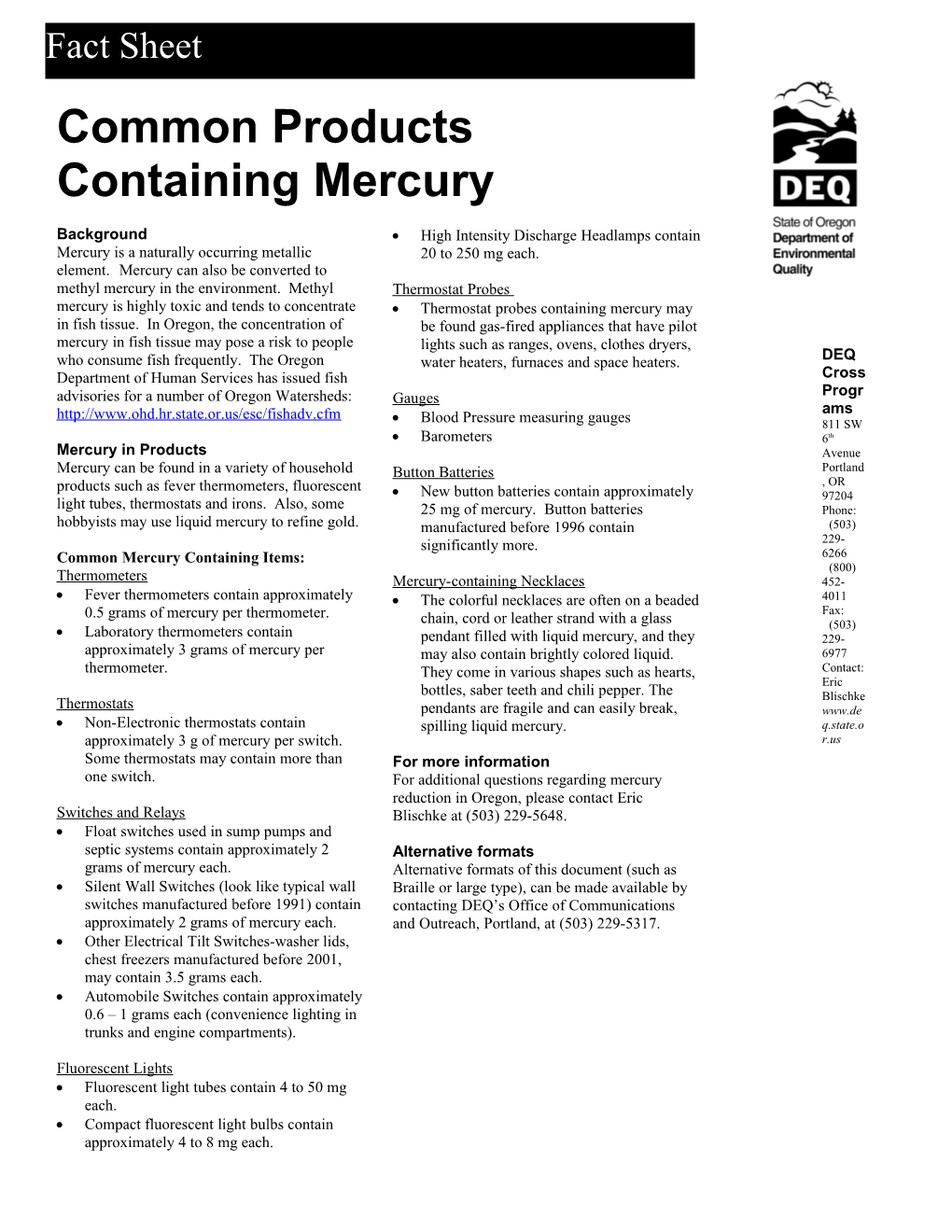 Common Products Containing Mercury