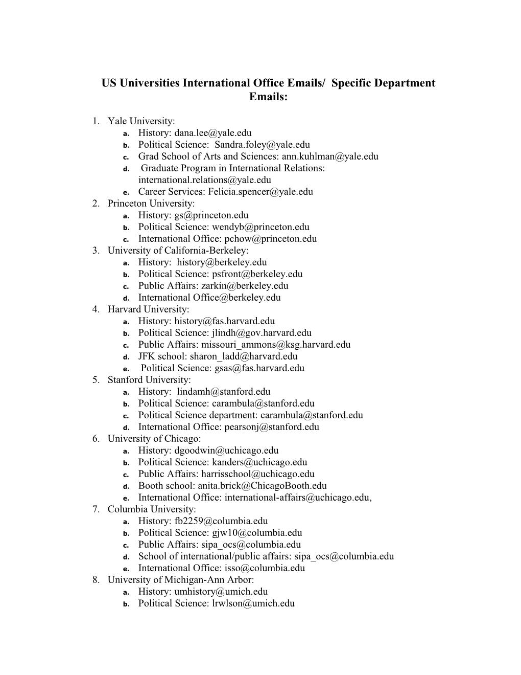US Universities International Office Emails/ Specific Department Emails