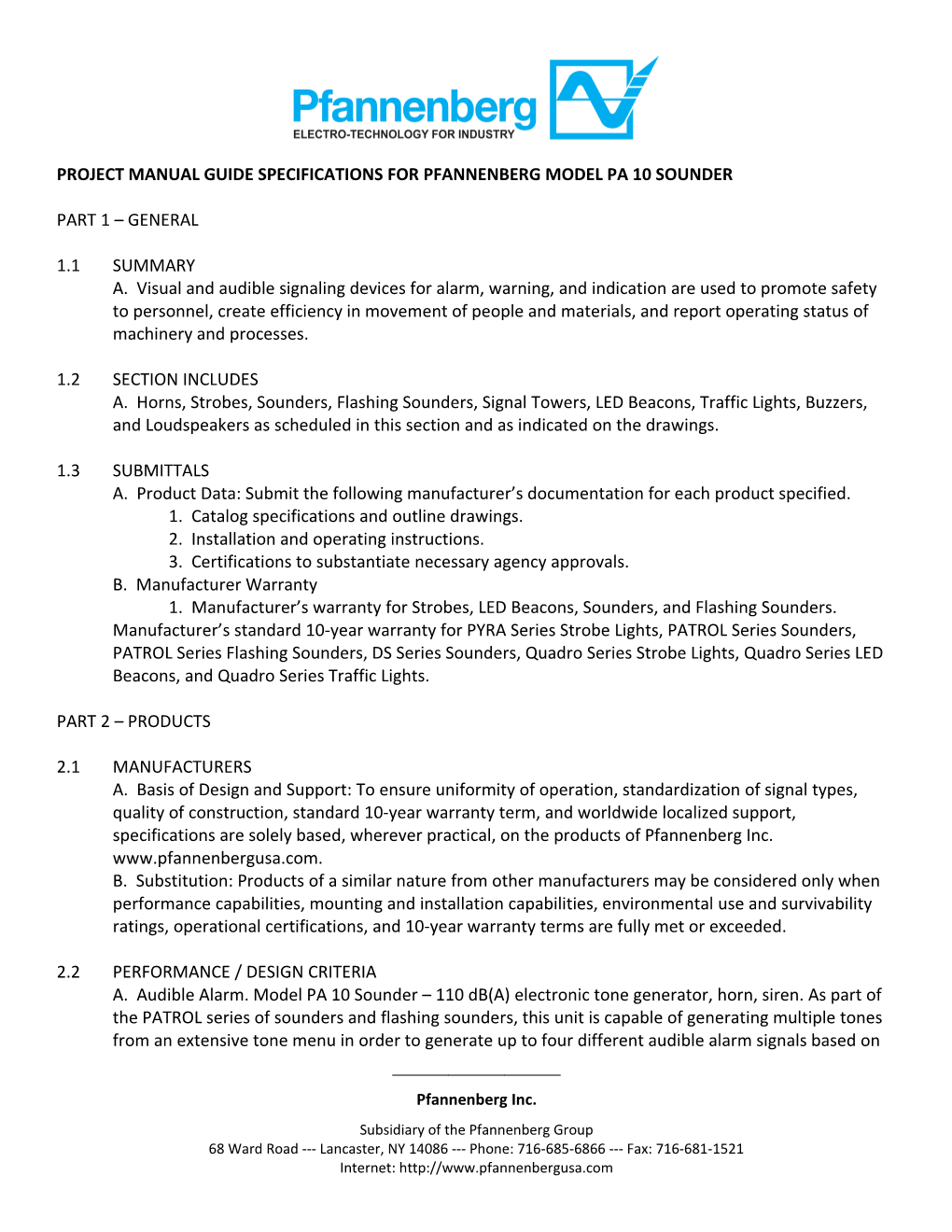 Project Manual Guide Specifications for Pfannenberg Model Pa 10 Sounder