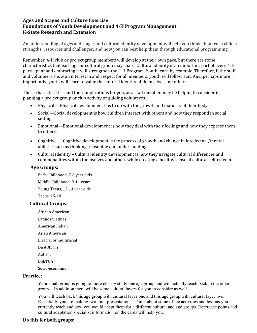 Ages and Stages and Culture Exercise