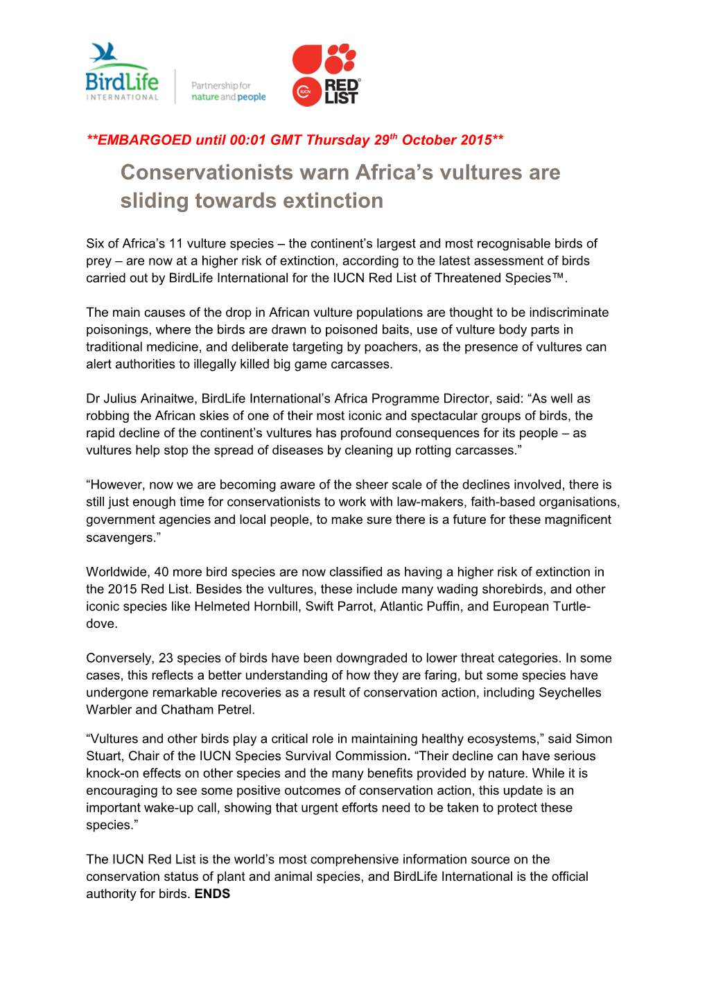 EMBARGOED Until 00:01 GMT Thursday 29Th October 2015 Conservationists Warn Africa S Vultures