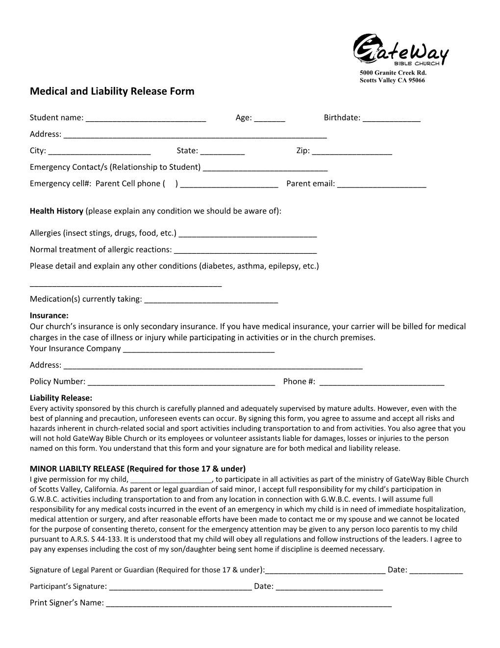 Medical and Liability Release Form