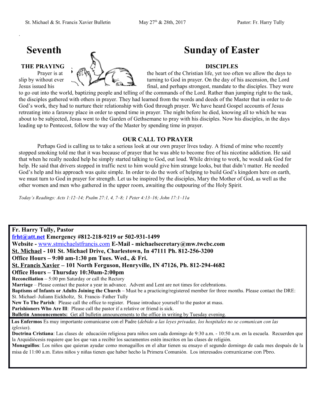 St. Michael & St. Francis Xavier Bulletin May 27Th & 28Th, 2017 Pastor: Fr. Harry Tully