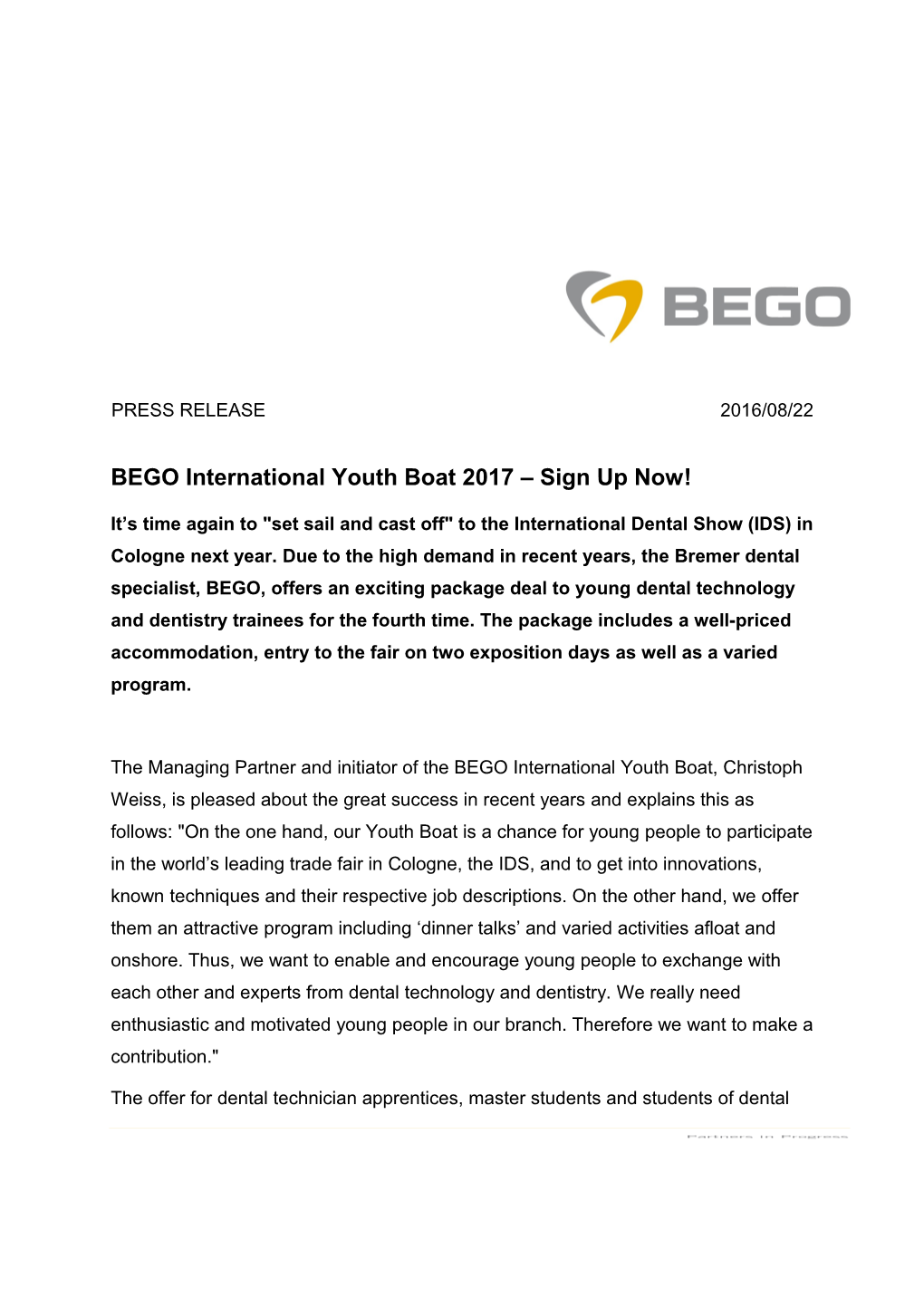 BEGO International Youth Boat 2017 Sign up Now!