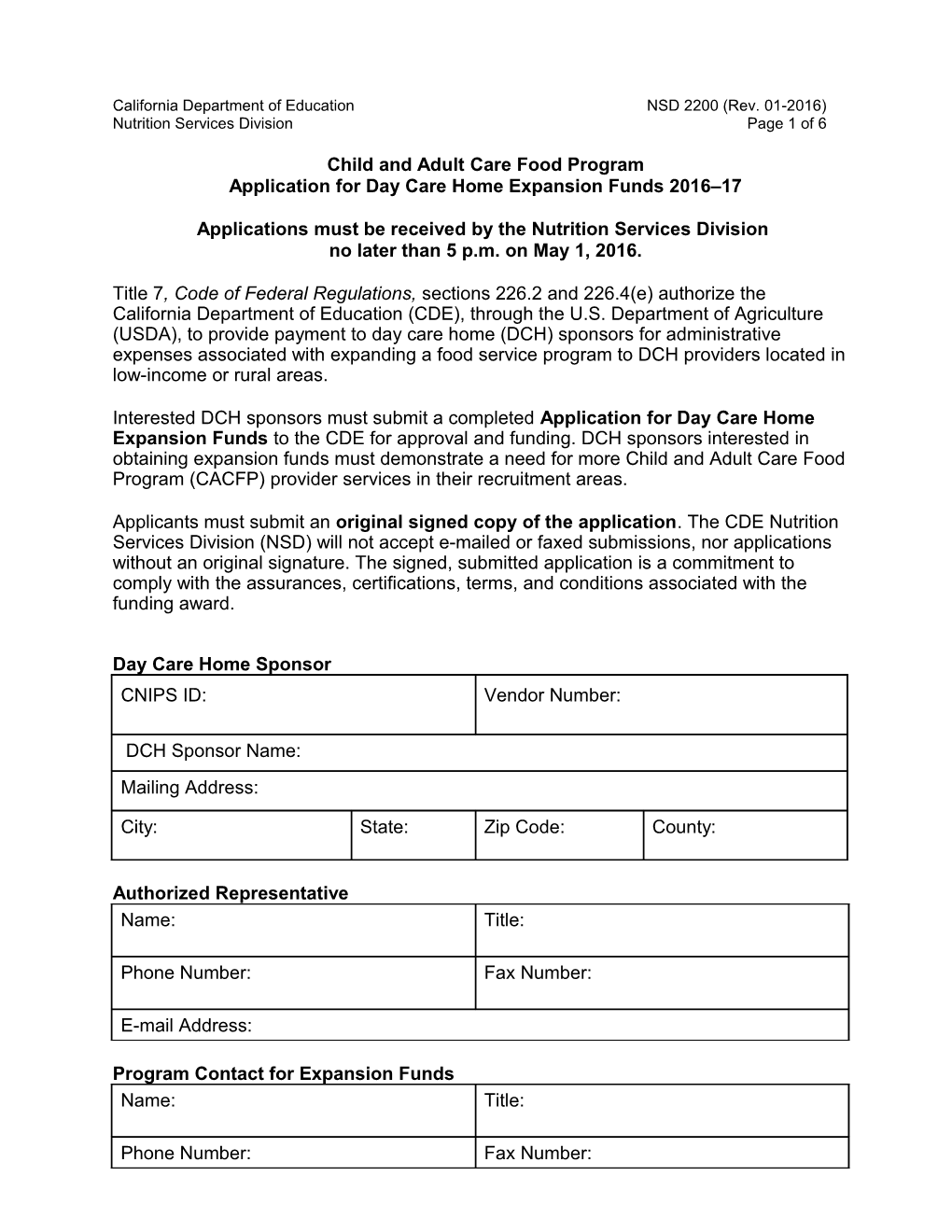 RFA-16: DCH Expansion Funds Application (CA Dept of Education)