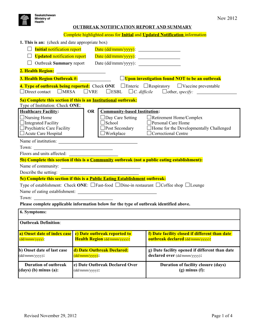 Outbreak Notification Report and Summary