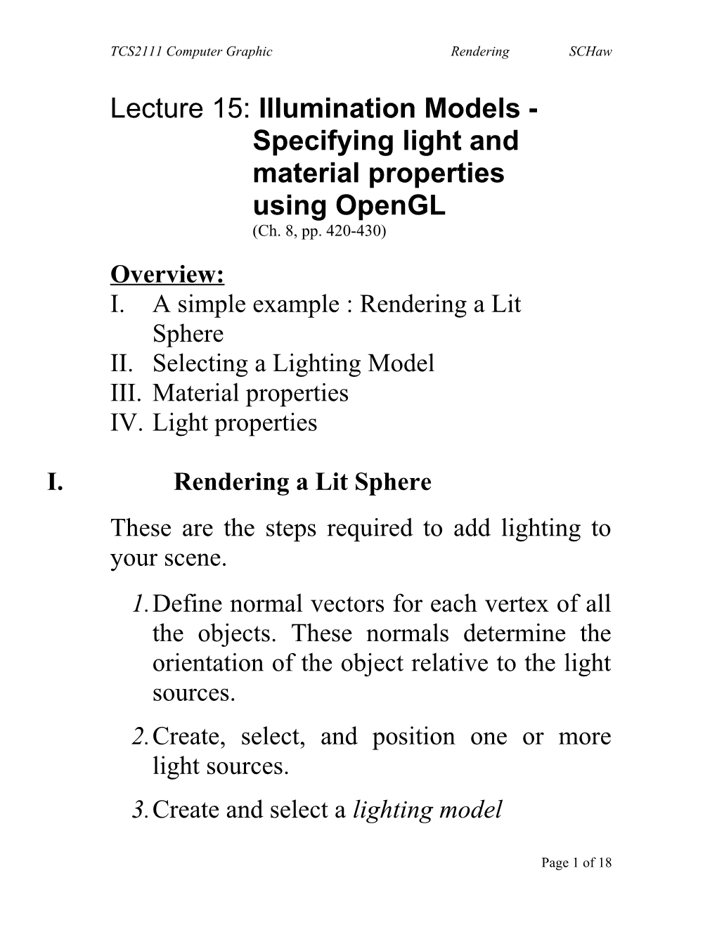 Lecture 15: Illumination Models