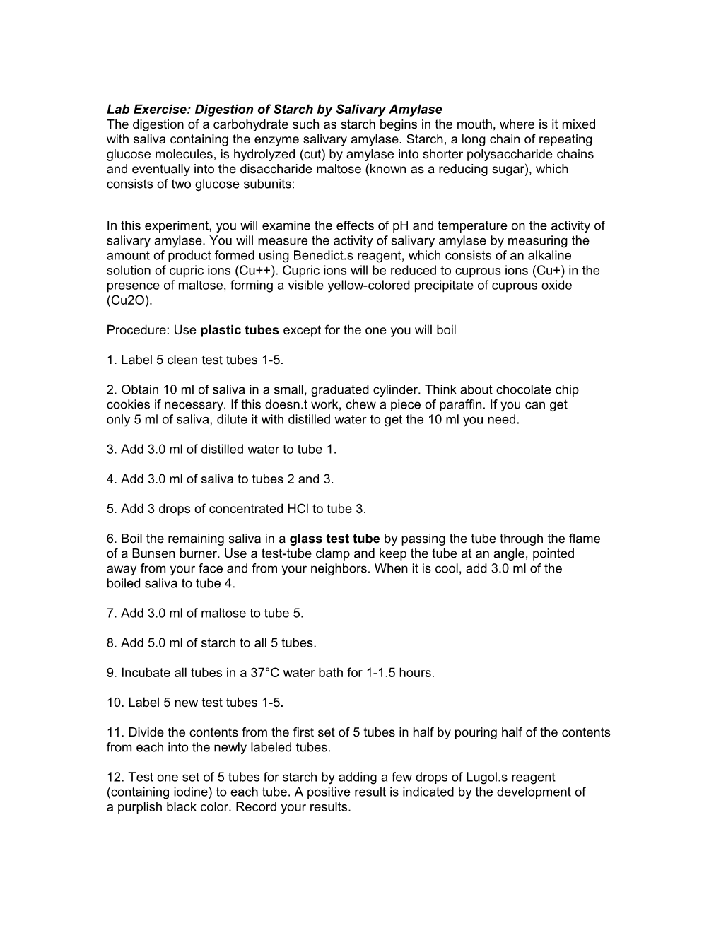 Lab Exercise: Digestion of Starch by Salivary Amylase