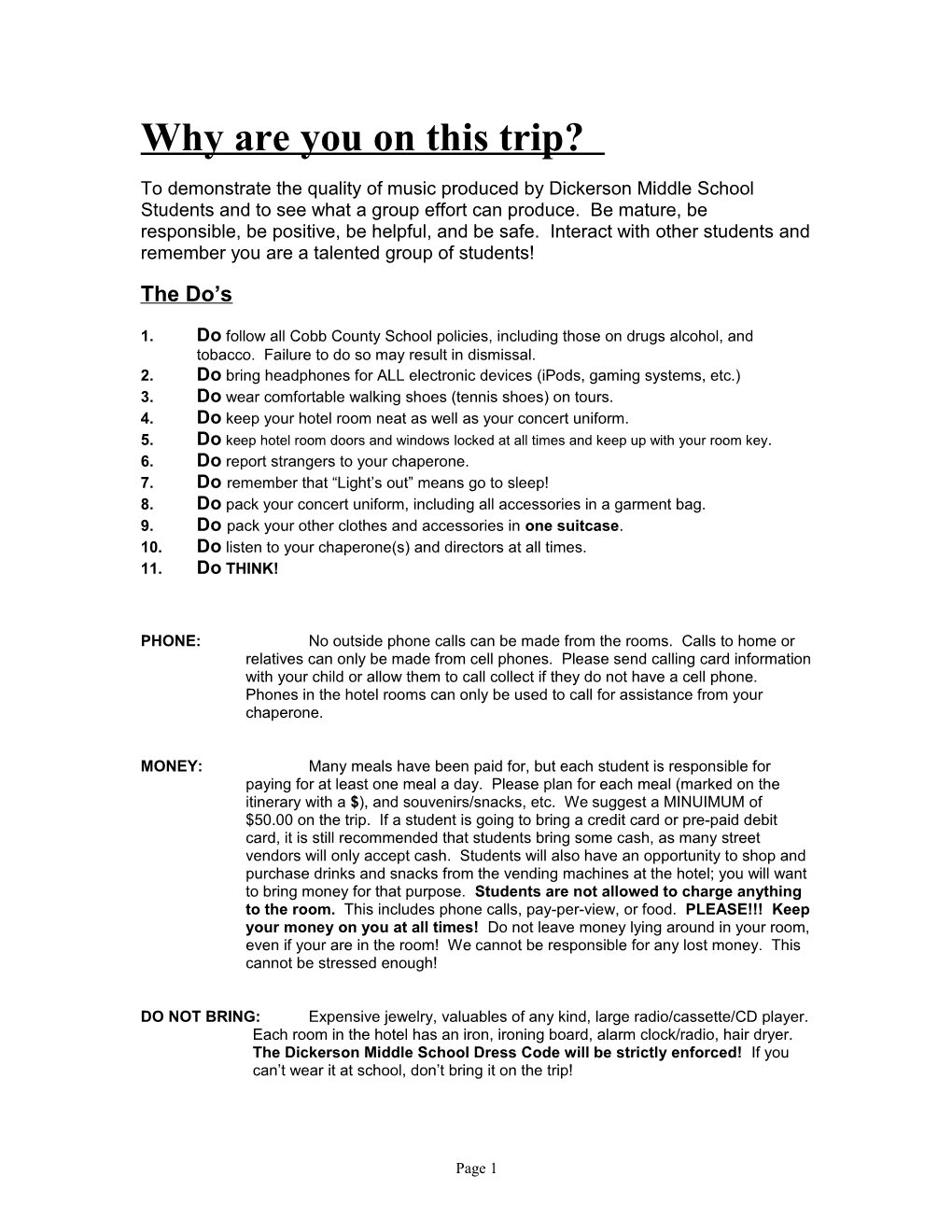 Dickerson Middle School American Music Festival Chaperone Handbook