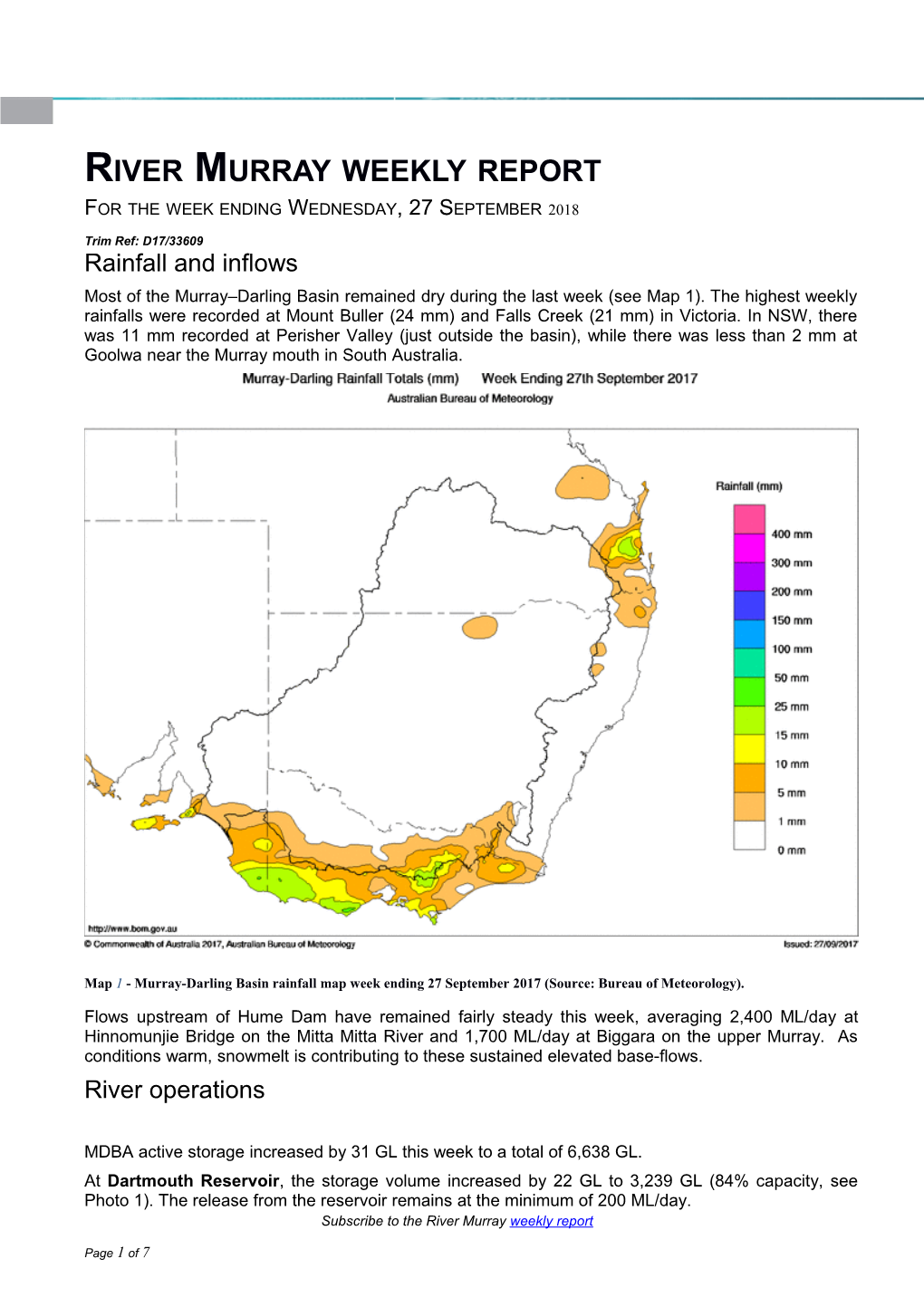 River Murray Operations Weekly Report 27Th September 2017
