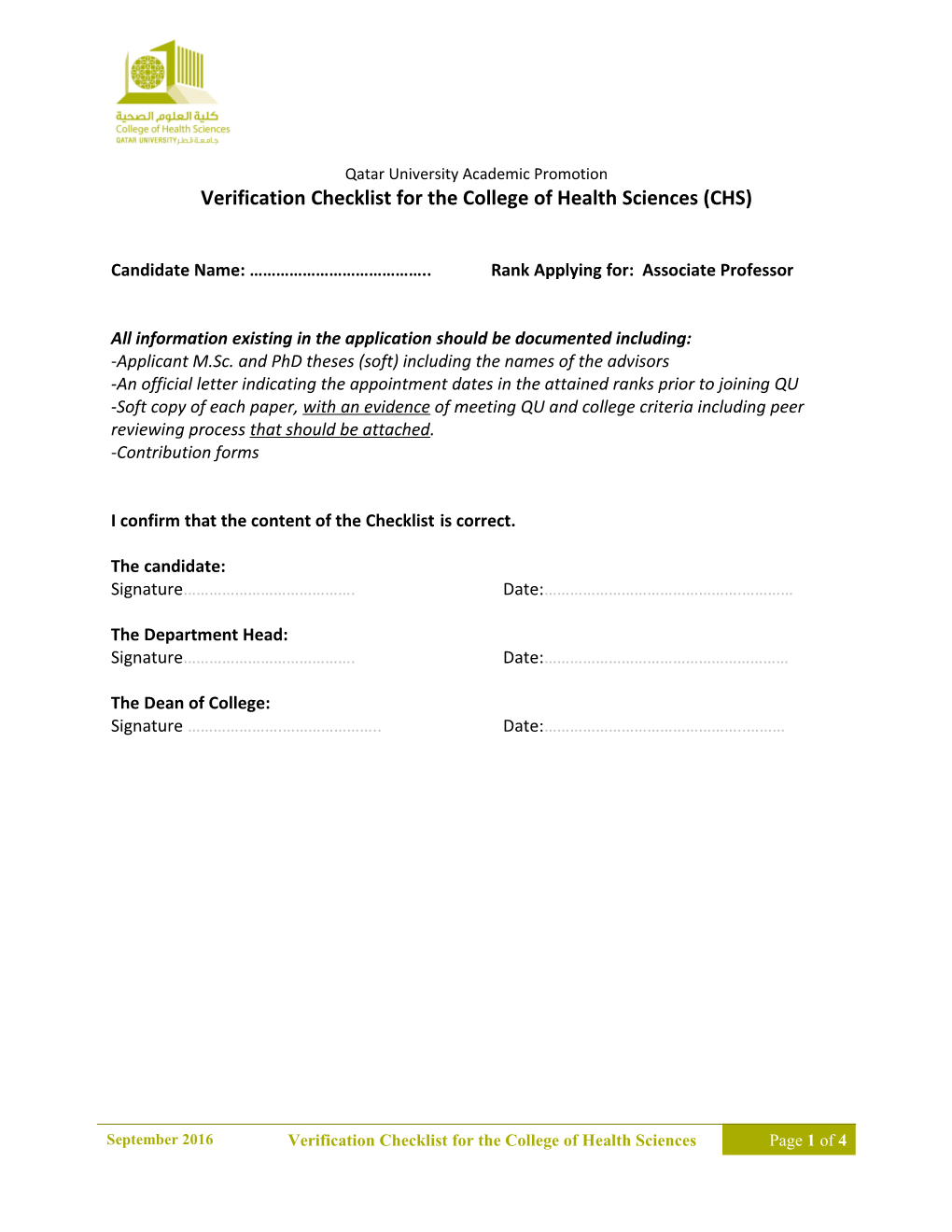 Verification Checklist for the College of Health Sciences (CHS)