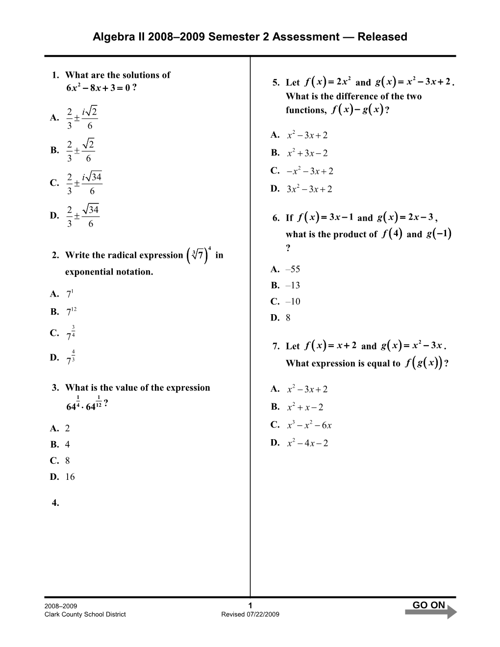Algebra II2008 2009 Semester 2 Assessment Released