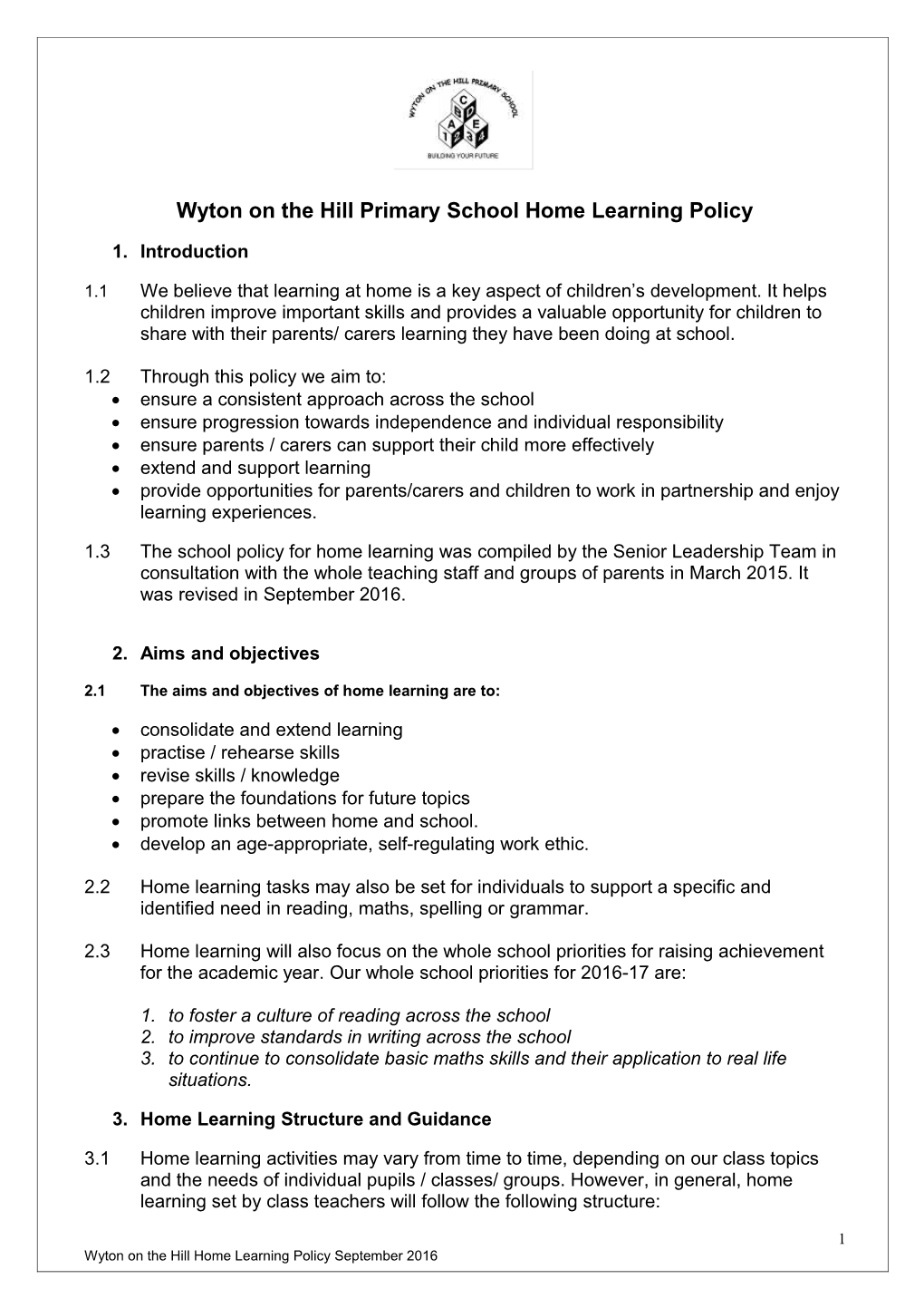 Wyton on the Hill Primary Schoolhome Learning Policy