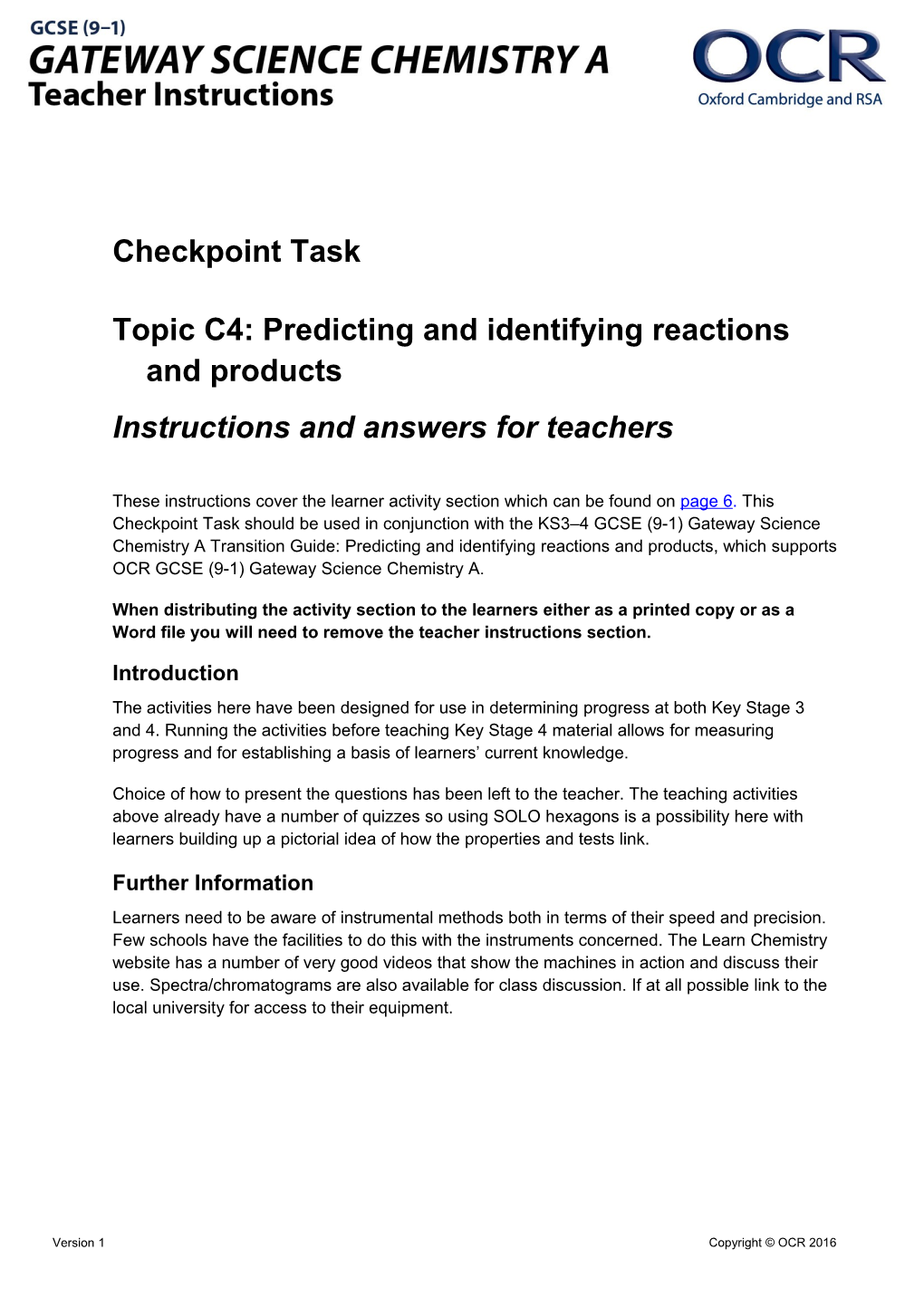OCR GCSE (9-1) Gateway Science Chemistry a Checkpoint Task - Predicting and Identifying