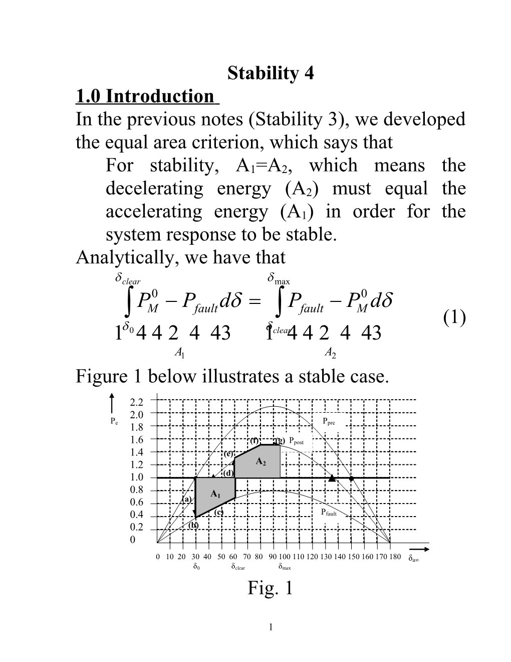 In the Previous Notes (Stability 3), We Developed the Equal Area Criterion, Which Says That