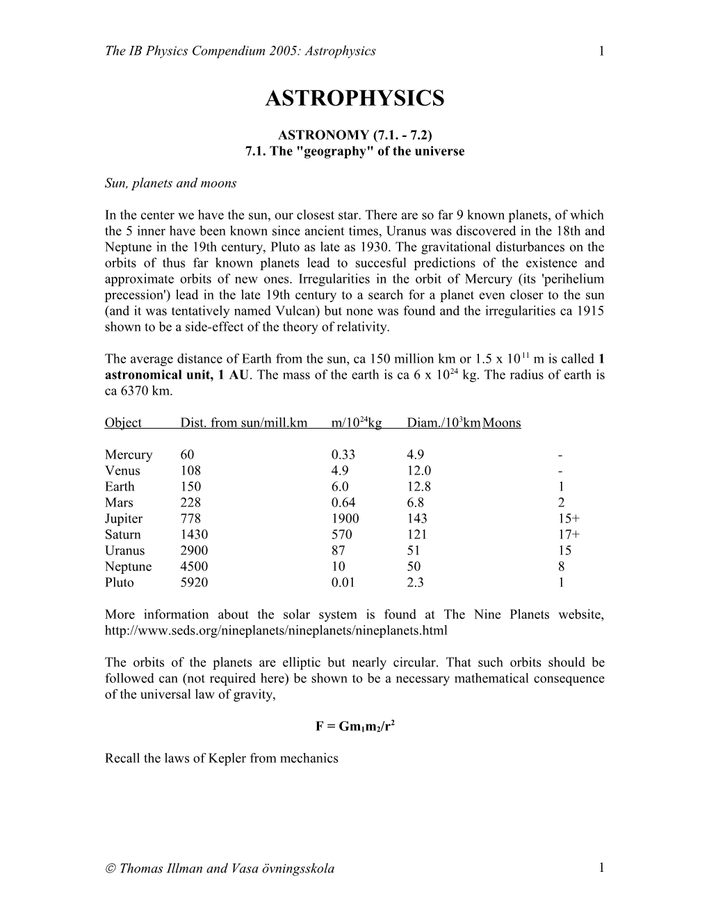 The IB Physics Compendium 2005: Astrophysics