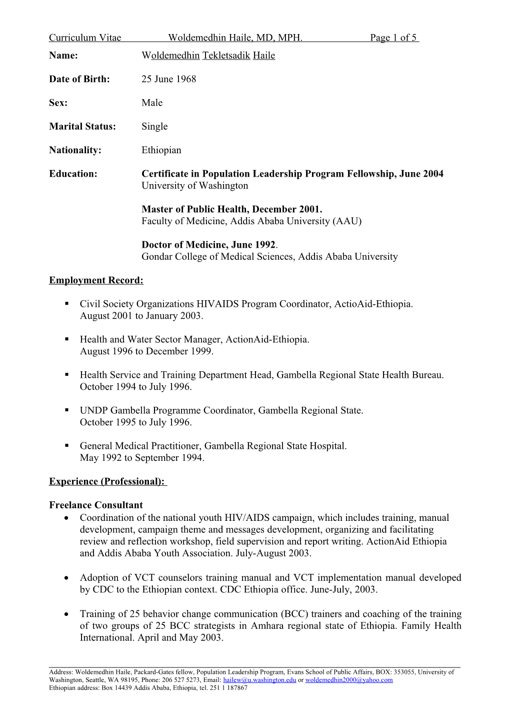 Curriculum Vitae Woldemedhin Haile, MD, MPH.Page 1 of 5