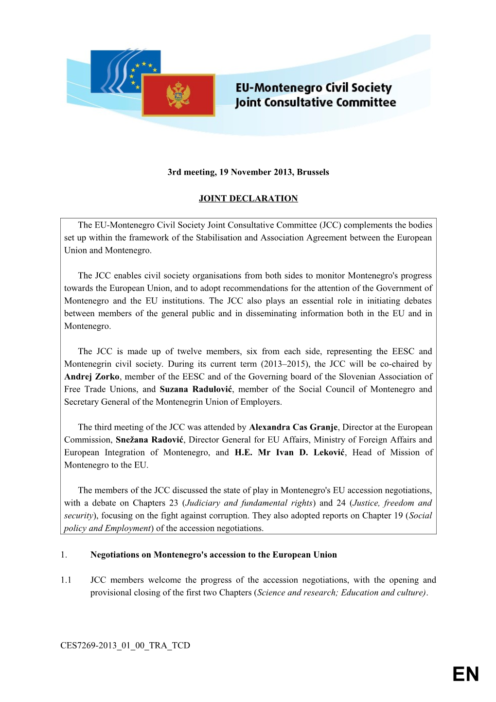 The EU-Montenegro Civil Society Joint Consultative Committee - Joint Declaration