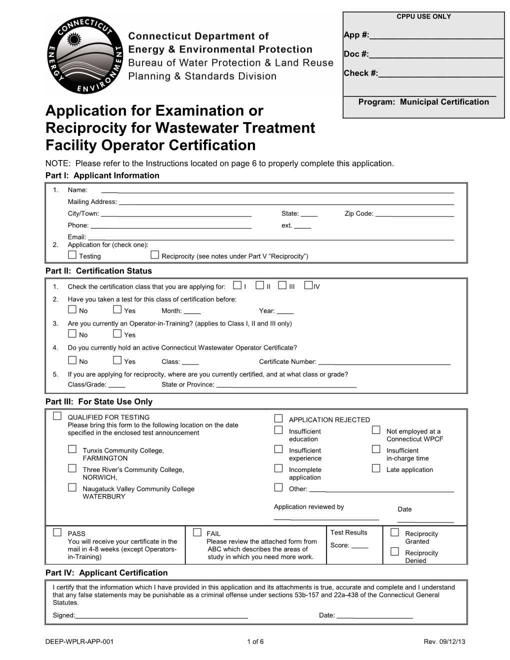 Application for Examination Or Reciprocity for Wastewater Treatment Facility Operator