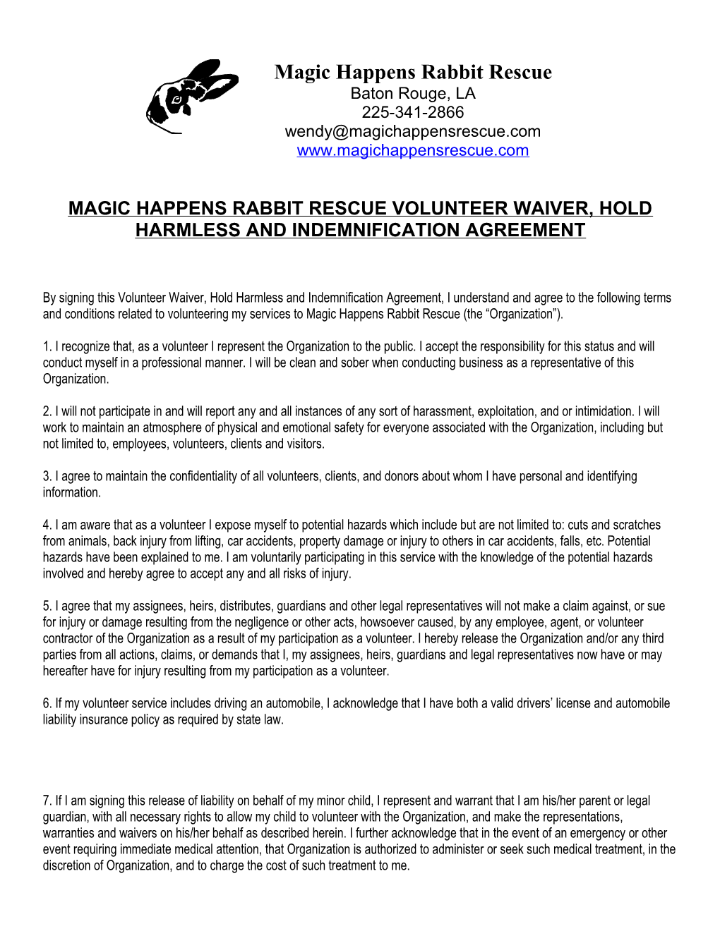 Magic Happens Rabbit Rescue Volunteer Waiver, Hold Harmless and Indemnification Agreement
