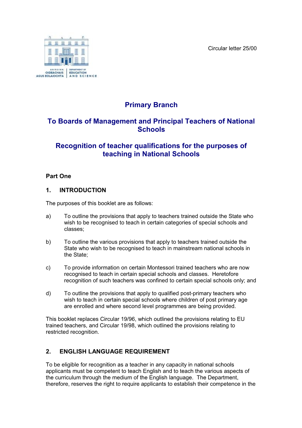 Primary Circular 25/00 Recognition of Teacher Qualifications for the Purposes of Teaching