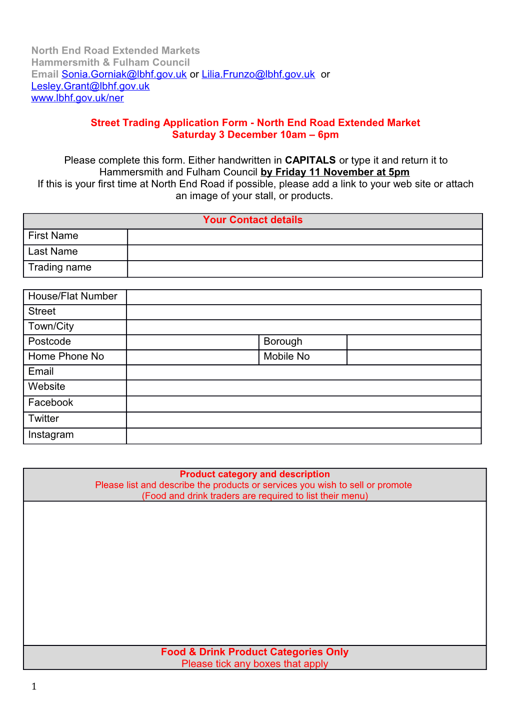 Street Trading Application Form - North End Road Extended Market