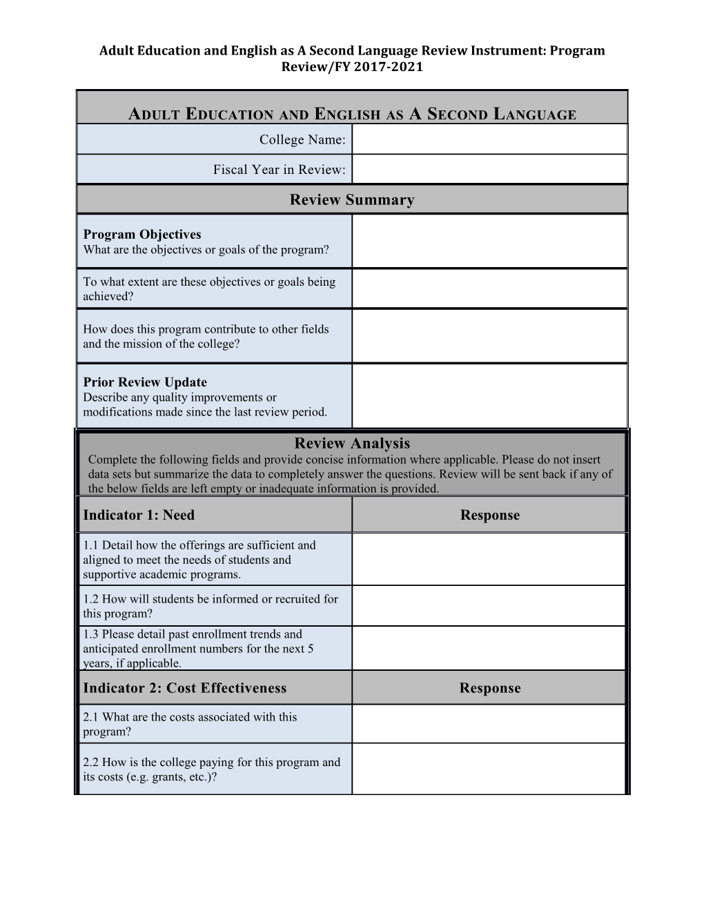 Adult Education and English As a Second Language Review Instrument: Program Review/FY