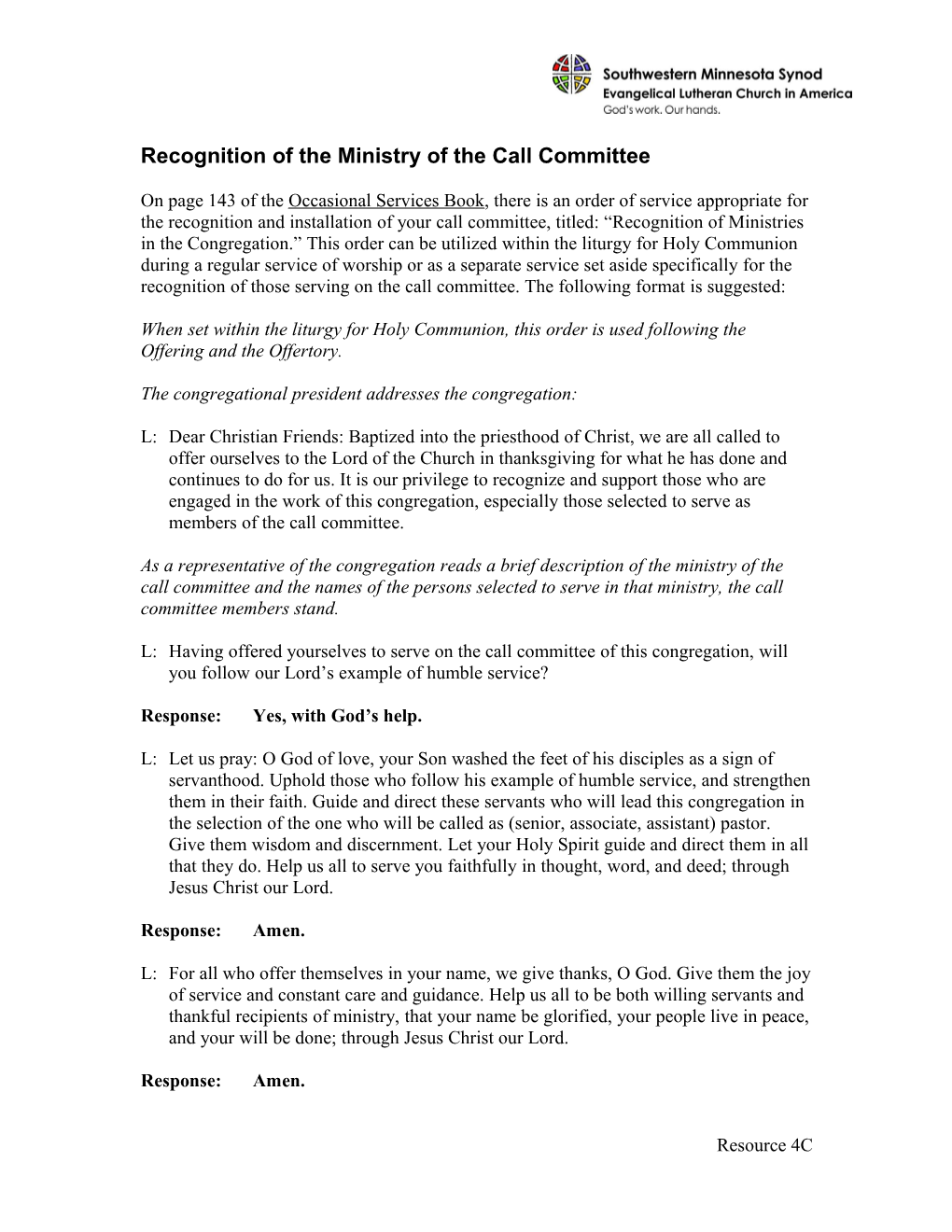 Recognition of the Ministry of the Call Committee