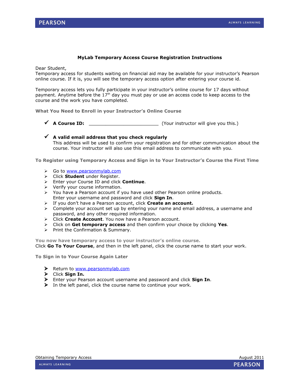 Mylab Temporary Access Course Registration Instructions